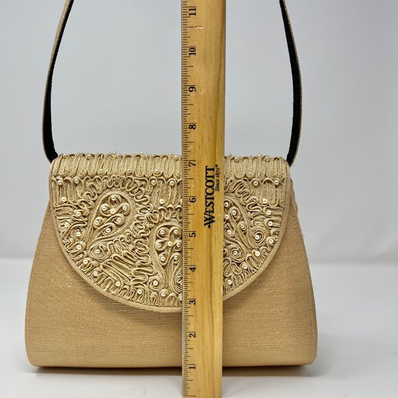 Timmy Woods Beverly Hills Purse Gold Textured w/High Relief Pearl Embroidery - Picture 9 of 11
